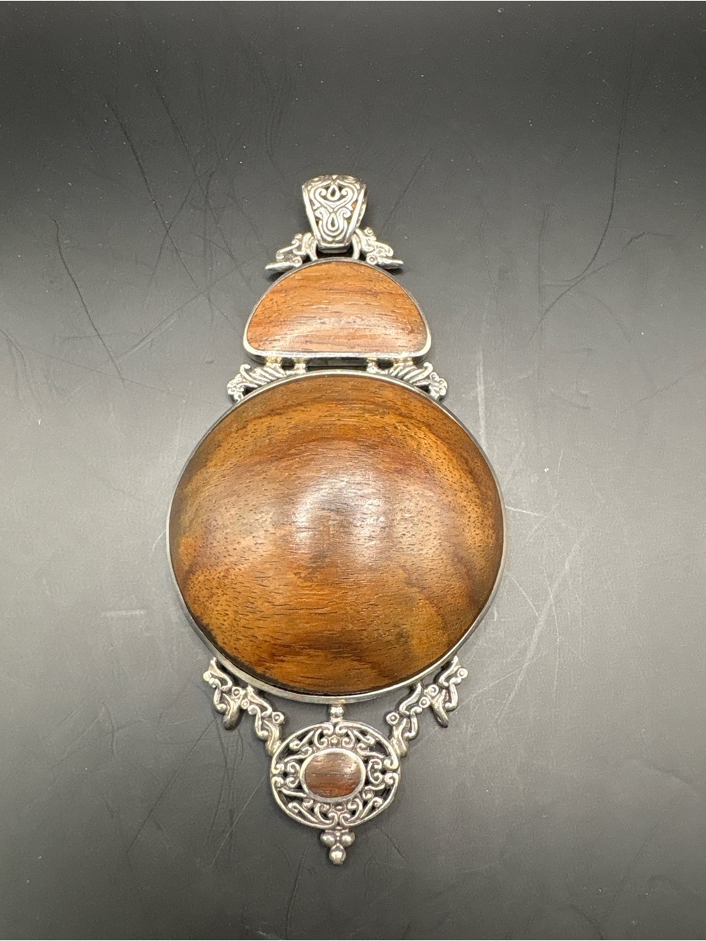 925 Sterling Silver Large Wood Inlay Artisan Boho Statement Pendant Bali Style